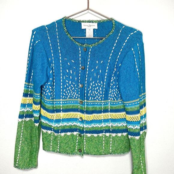 Susan Bristol Vintage 2001 Hand Embroidered Spring Daisy Blue Green Button Up PS - Picture 1 of 10
